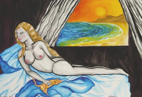 THE WAKING HOUR 2003 , part of the nymph and nature series, inspired by the view from my window in the morning and the recent arrival of my kitten Mango who I found hanging on my screen window at four a.m. in Blue Hills, Providenciales, Turks and Caicos. GIFT TO LOCAL PROVO ARTIST FRITZ Watercolor on paper