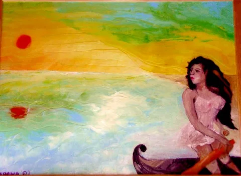 THE BOAT RIDE 2001, part of the nymph and nature series, inspired by my trips to the Caribbean and the emotional impact it had on my dreams vs. reality. She is not sure whether she is coming or going, or whether the sun is rising or setting. ARTIST'S COLLECTION (my second oil painting) Oil on canvas