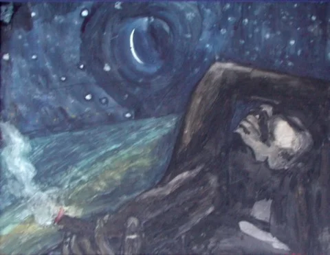 SHABBA & HIS SPLIFF 2000, painted in NYC after a fire in my apartment in Manhattan and after spending a month in Turks & Caicos - reflecting on a moment - that laying on the beach under the stars can truly only be shared with yourself and your God. ARTIST'S COLLECTION Watercolor on canvas