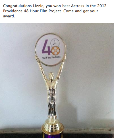 This facebook image, uploaded by Frank Difficult, (the director of the film) was how I initially heard I won the award! Unfortunately, due to my apprenticeship with Trinity rep, I couldn't make the ceremony. 