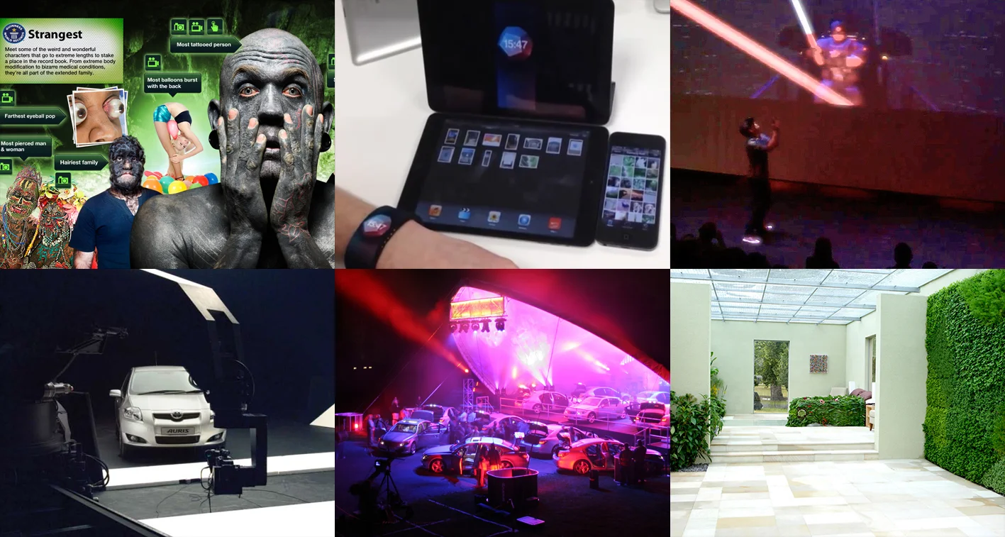 Top L-R: Guinness World Records: At Your Fingertips, Early Apple Watch connected concept, Oculus Rift Light Saber battle. Bottom L-R: Toyota Auris 3D filming, Lexus Symphony Orchestra, Holiday Inn Green Room.