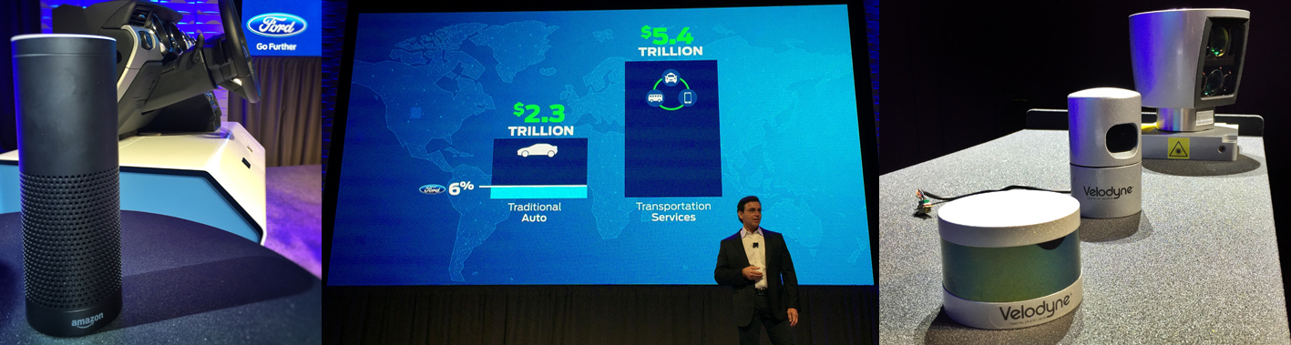 Ford announced its partnership with Amazon to connect their cars to Alexa, operating IoT devices such as lights, heating, A/C and garage doors. In home, the same tech offers status updates from your car via Echo. Ford also displayed their new smaller autonomous car sensors and announced their plans to become beyond an auto manufacturer in 2016, becoming a mobility company.