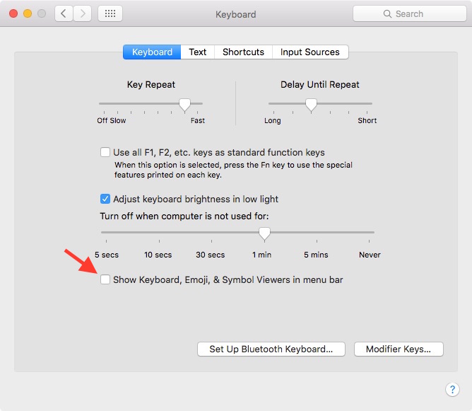 The Keyboard settings window with the checkbox highlighted to make the Character Viewer visible.