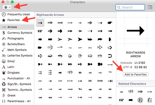 The Character Viewer, with arrows indicating the settings button for customizing the list of character categories, the favorites list, and the 'Add to Favorites' button.