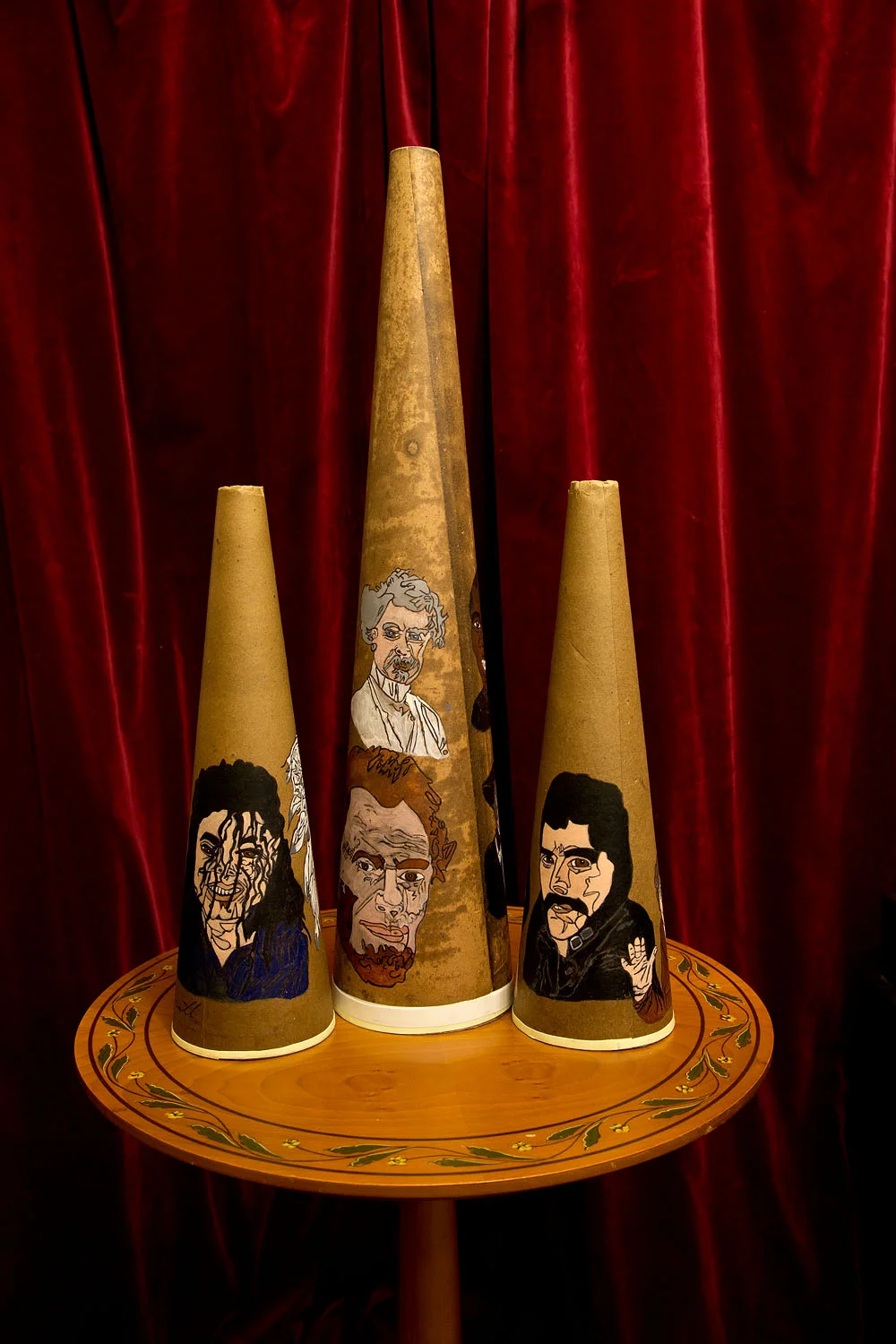 Sylvia Howarth's handmade séance trumpets with celebrity spirit guides, Reeth, England, 2013.
