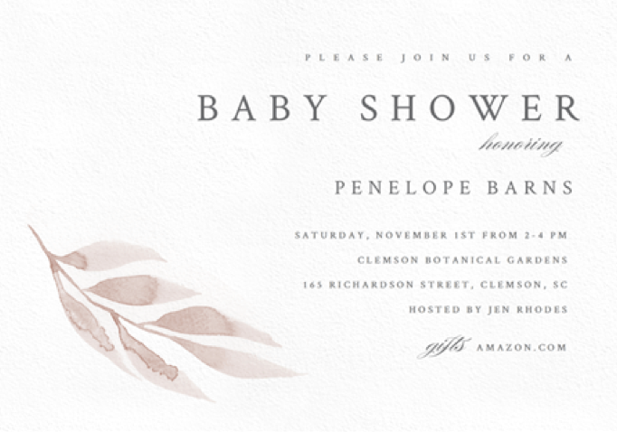 Watercolor Leaf Baby Shower Invitations in Pink by Stacey Meacham