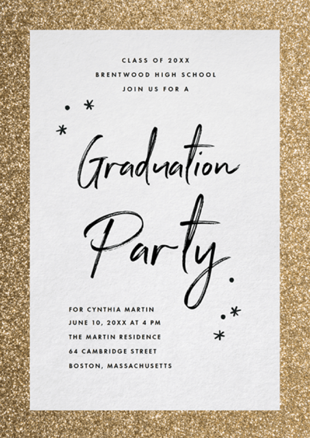 Festive Frame Graduation Invitations in White and Gold Glitter by Stacey Meacham
