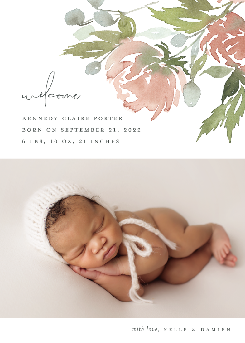 Watercolor Bouquet Photo Birth Announcements by Stacey Meacham