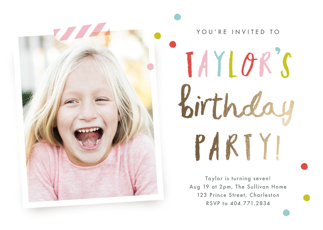 Confetti Bash Foil Pressed Kids Birthday Party Invitations by Stacey Meacham