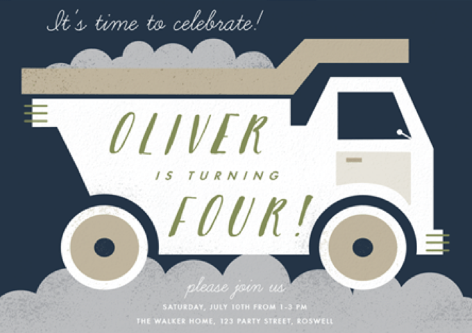 Modern Dump Truck Kids Birthday Party Invitations by Stacey Meacham