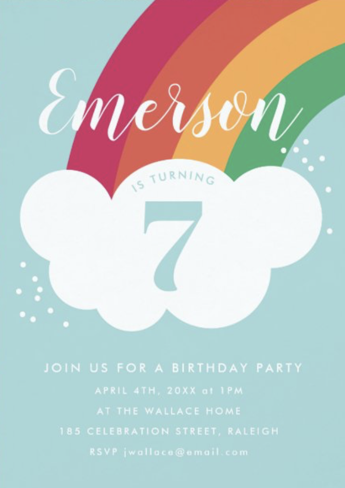 Rainbow Cloud Kids Birthday Party Invitation by Stacey Meacham