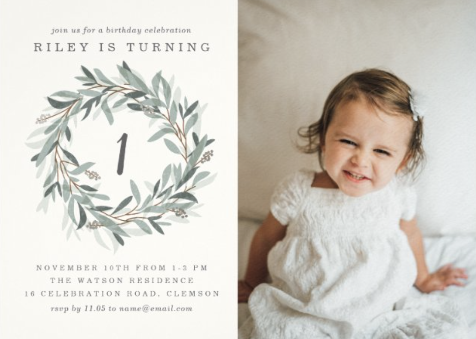 Rustic Wreath Kids 1st Birthday Photo Birthday Party Invitations by Stacey Meacham