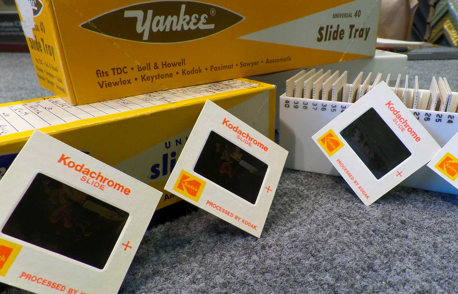 A typical 35mm slide scanning project underway at High Desert Frameworks -- Clients slides are from 1950-2010.
