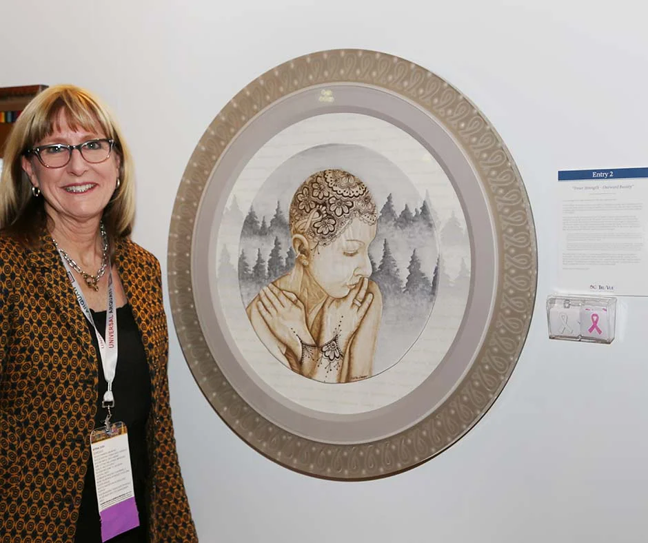 Myrna Dow, High Desert Frameworks, Inc Bend Oregon - 2019 Tru Vue Best in Show: Attendees’ Choice award. West Coast Art and Frame Expo, January 2019 Las Vegas NV. Photo Credit, Mark Wallenfang 2019.