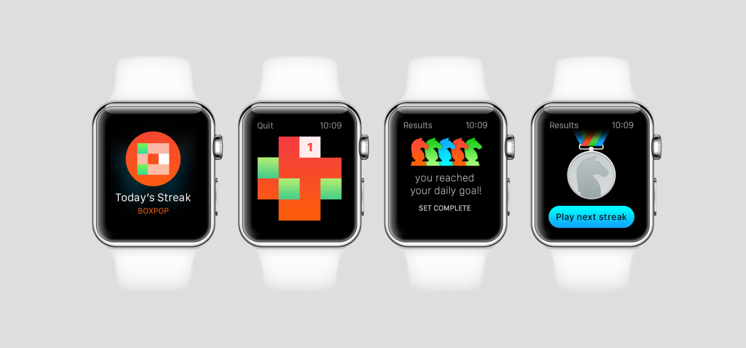 After the success of BoxPop for iOS, we created a companion game for Apple Watch. We focused on exclusive, smaller puzzles that work ed well on the device's screen. It offered daily 'streaks' of five puzzles in increasing difficulty. The Apple App Store named the game One of the Best apps of 2015.