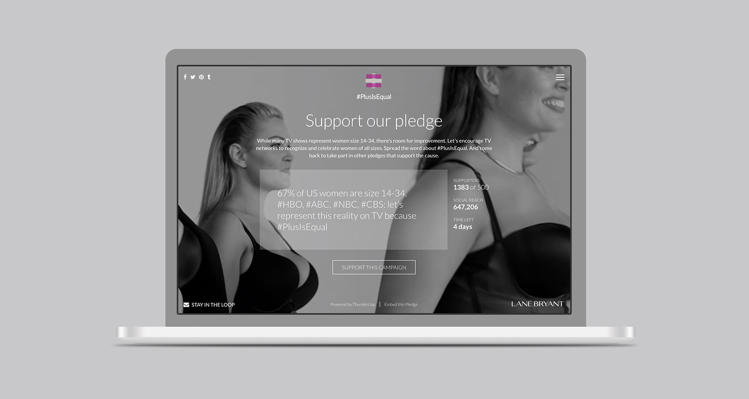 I led the design of the campaign's site and social content. The site included petitions calling on magazine publishers, TV networks and other cultural institutions to represent women of all sizes. 