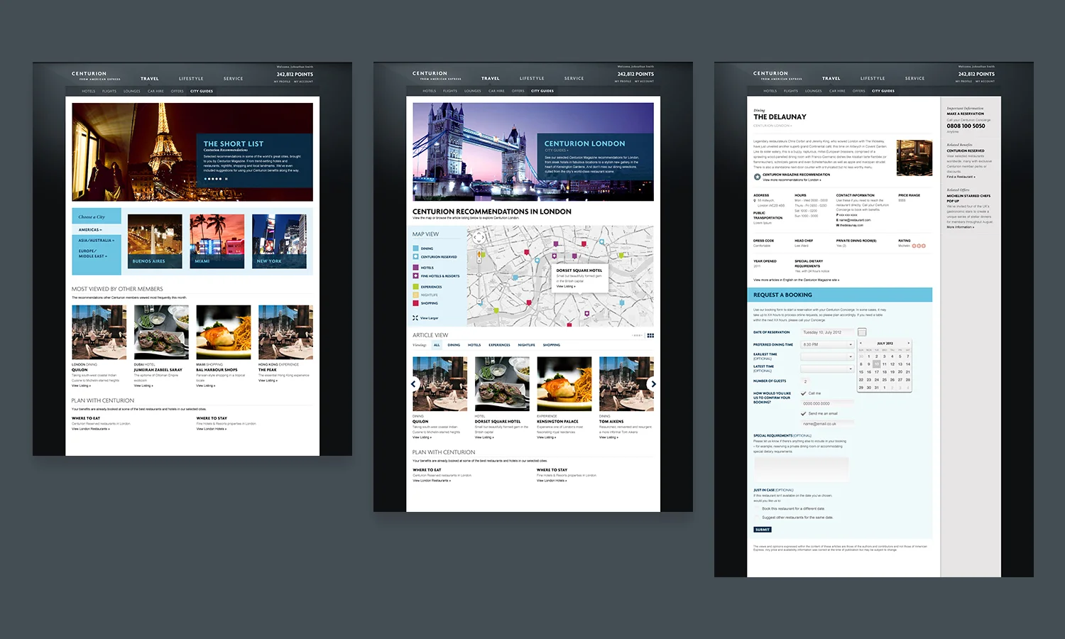 I served as the creative lead on the development of tools to help card members make a reservation at premium restaurants around the globe, book flights and hotels with points, locate airport lounges accessed with the Centurion card and find exclusive offers and events.