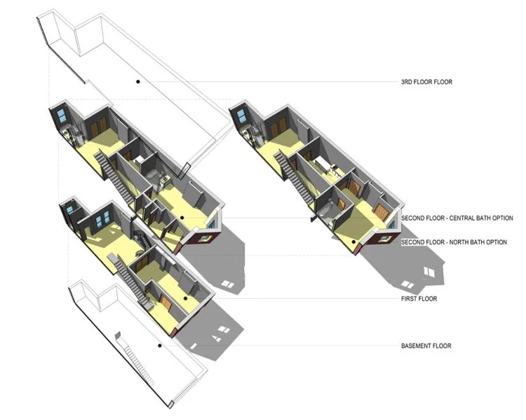 West 70th Street Landmark Renovation New York M.Arch Architects was hired to renovate two floors designing an interior communicating stair between the first and second floors. Our design included new building systems design, new kitchens, bathrooms, and interior finishings. The major challenge was overcome convincing the owner his goals were achievable with our design for a communicating stair presented in 3D sections plans and elevations. The complete design was later delivered with 3d renderings depicting material chices and special layouts.