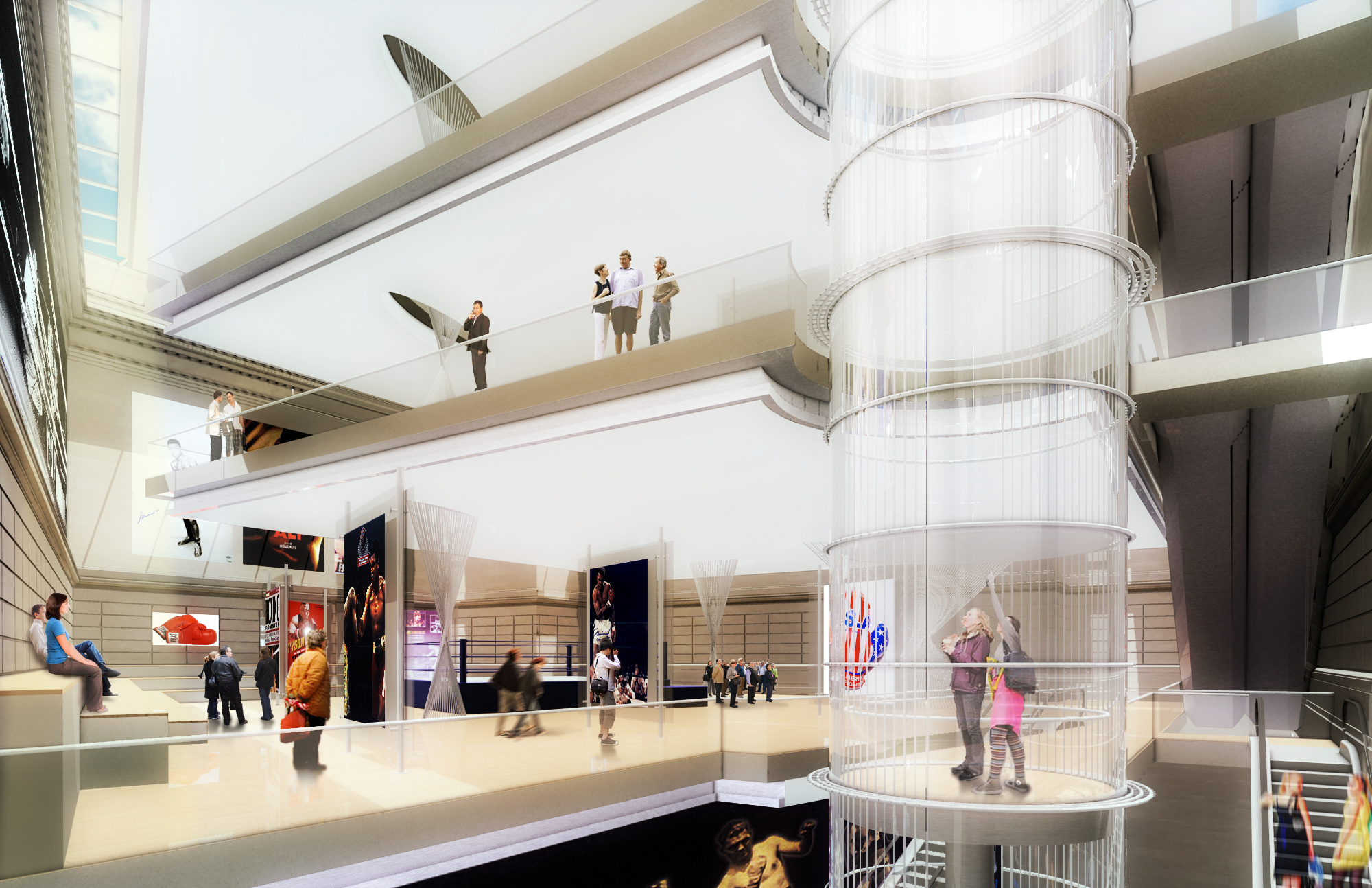 These museums of Boxing are schematic designs for two sites one in a Las Vegas Hotel/ Casino and one planned for 42nd Street New York City. Perhaps America's or the world's greatest sports collections, the Boxing Hall of Champions incorporates the latest technologies of animation, video, sound and robotics engendering the sense of immediacy between the viewer and viewed in a totality of experience, unique and memorable. The collection spans the sports history in three areas, the pre-Queensbery rules, the golden age, and the modern age of boxing. The video collection spans the history of the sport in film that is the best collection in the world. To add the collection expands to include memorabilia from Hollywood as many of the greatest Hollywood films in history mimic the character building and relationships that take place in the Sweet Science of boxing. 