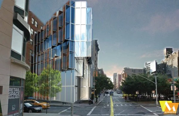 Soho Lofts M. Arch Architects was hired to design this 22,500 sf building in the historic cast iron manufacturing neighboor of SoHo. Located at the corner between Broome Street and Thompson Street, the building comes from the combination of 3 different lots. This mixed-use project presents a trapezoidal shape in order to provide a cozy and sheltered entrance on Thompson Street, keeping it separated from the busy and noisy Broome Street and decorating the outdoor space with a garden.