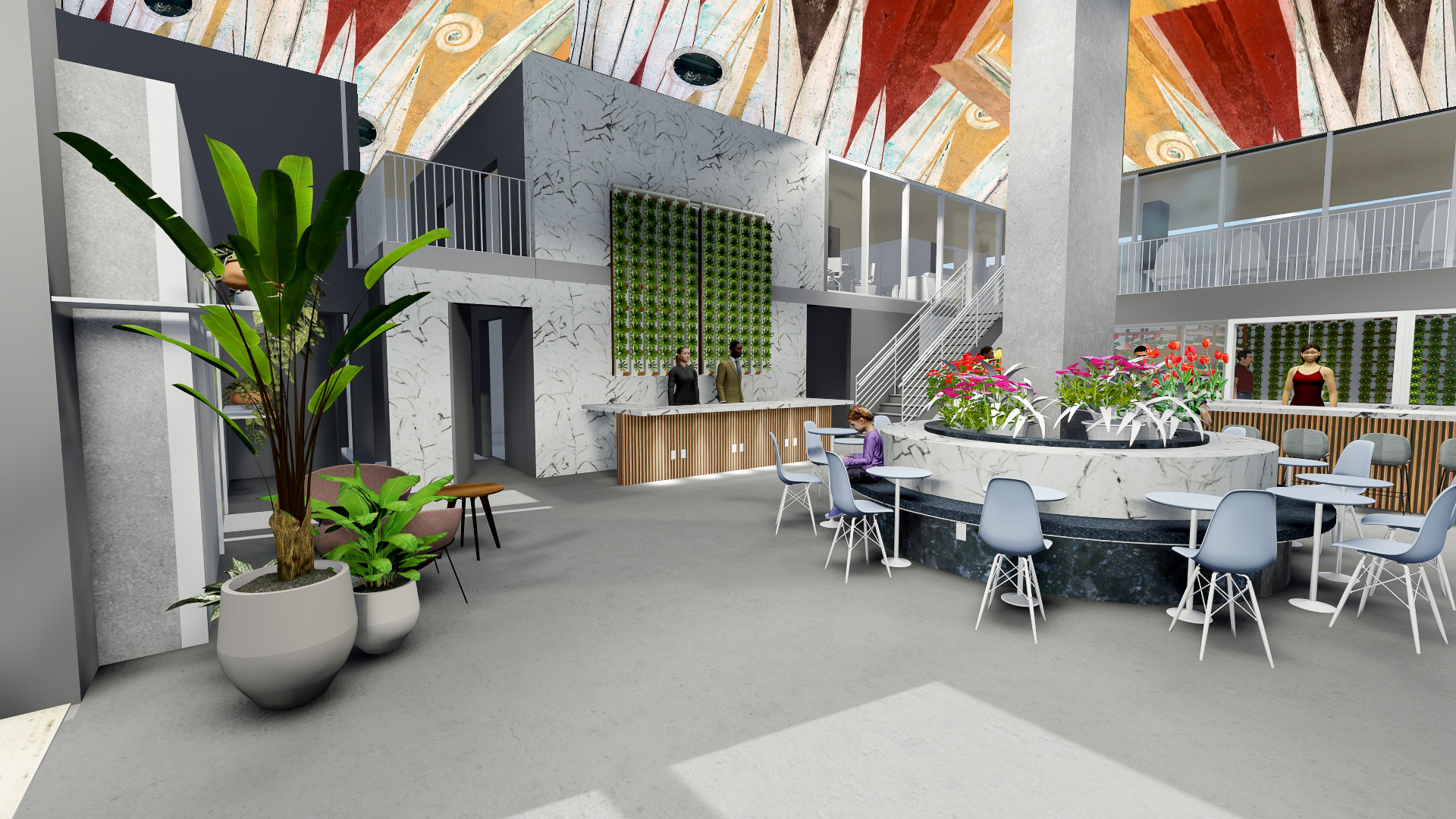 Urban green lobby, restaurant, and co-working spaces