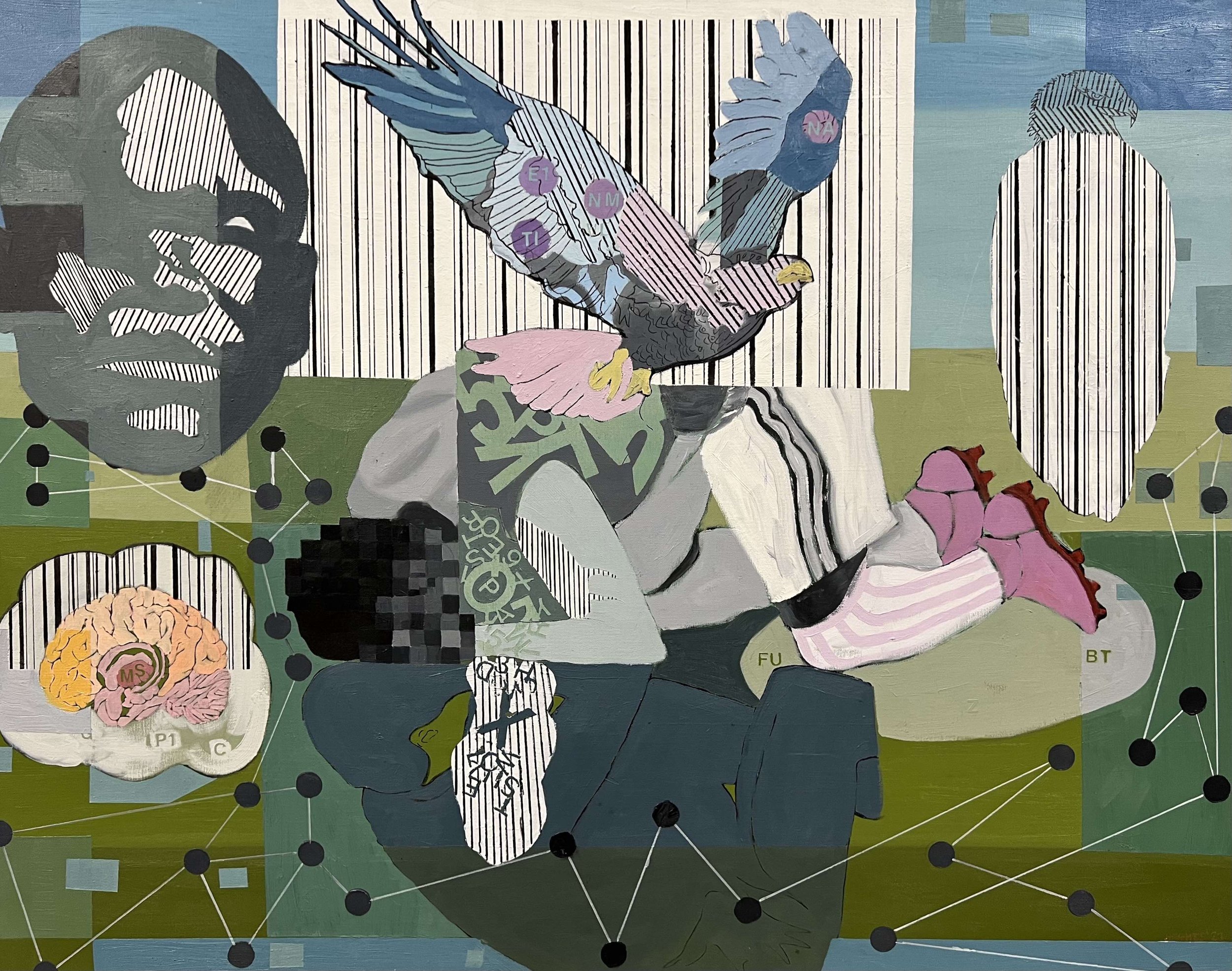 Tactics, 2022, 48x38 inches, acrylic and oil on canvas (courtesy of Burchfield Penney Art Center)
