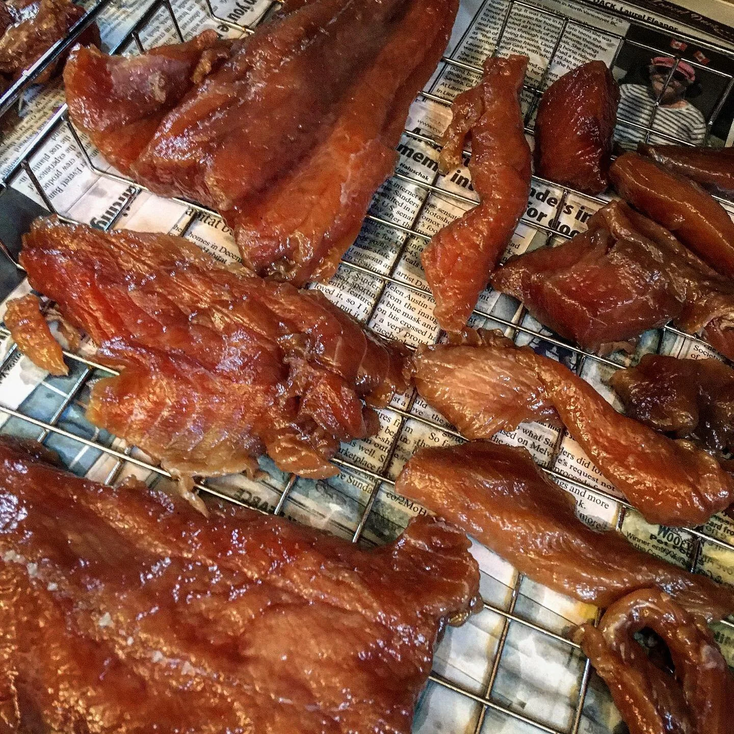 Getting a batch ready for the old smoker. Two whole salmon here - 1 Chum and 1 Chinook both caught in the old salt chuck off Vancouver island. For this batch I removed the skin and deboned. I soaked the chunks in a brine of the classic brown sugar an