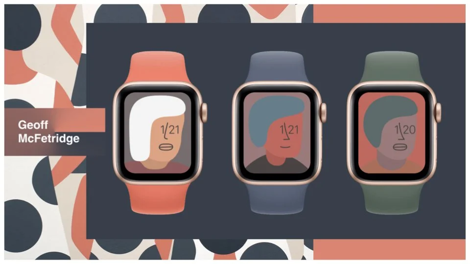 Display of three Apple Watches with abstract, colorful face illustrations and the text '1/21' on each, against a background with geometric shapes.
