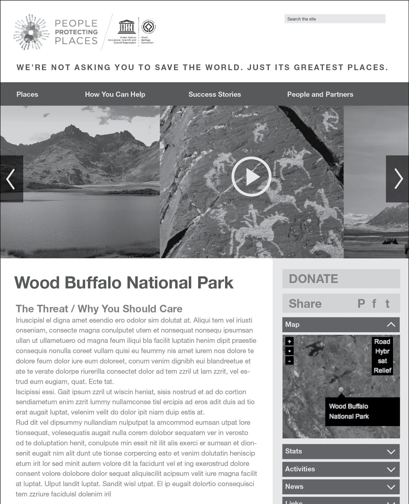Webpage screenshot about Wood Buffalo National Park, featuring a mountain landscape and petroglyphs, with sections for donations, sharing, maps, stats, activities, news, and links.