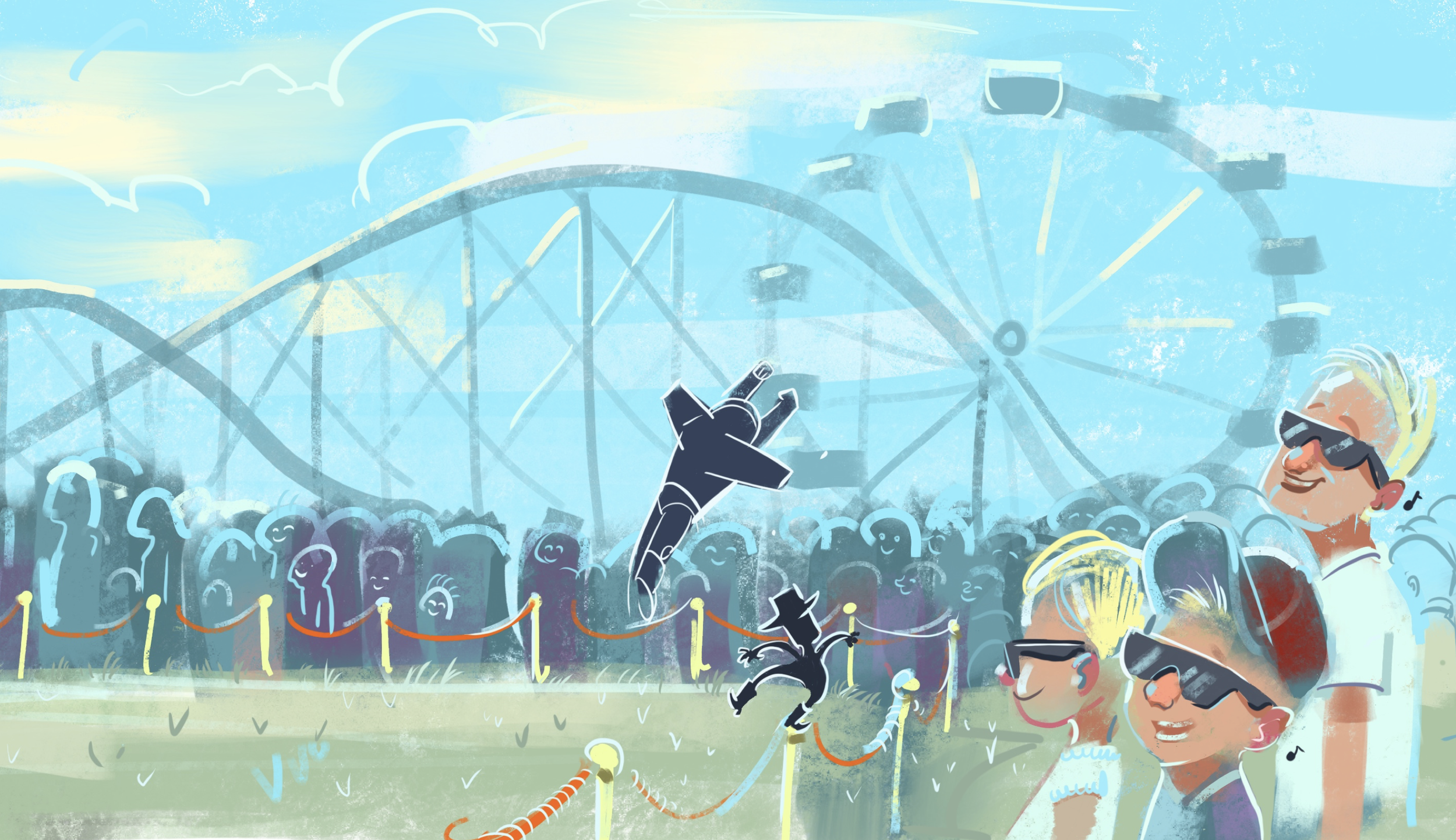 A lively scene at a music festival with a roller coaster in the background, a crowd of smiling people, and a performer in a hat and sunglasses singing into a microphone.