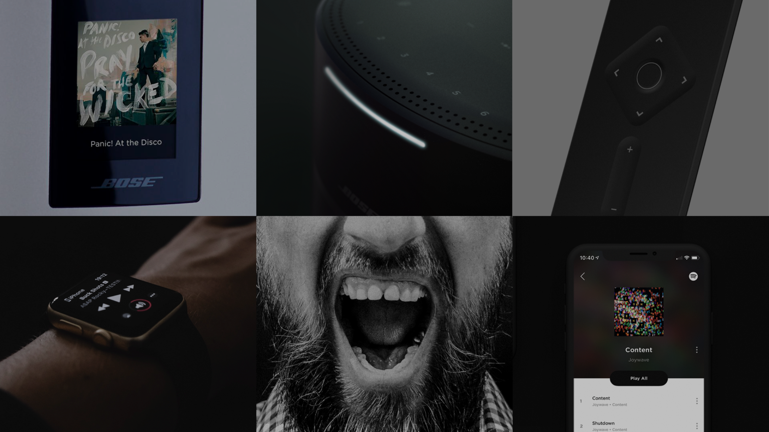 Collage of various tech devices and a man shouting or singing with a beard, including a smartphone, a smartwatch, a remote control, and a speaker, with music and digital content elements.