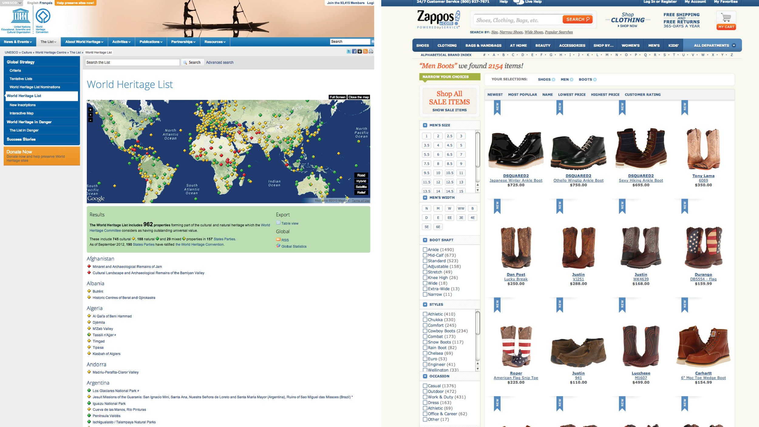 A webpage showing UNESCO World Heritage List with a world map filled with colorful markers indicating heritage sites across the globe. The map is part of the UNESCO website with options to explore different countries and sites.