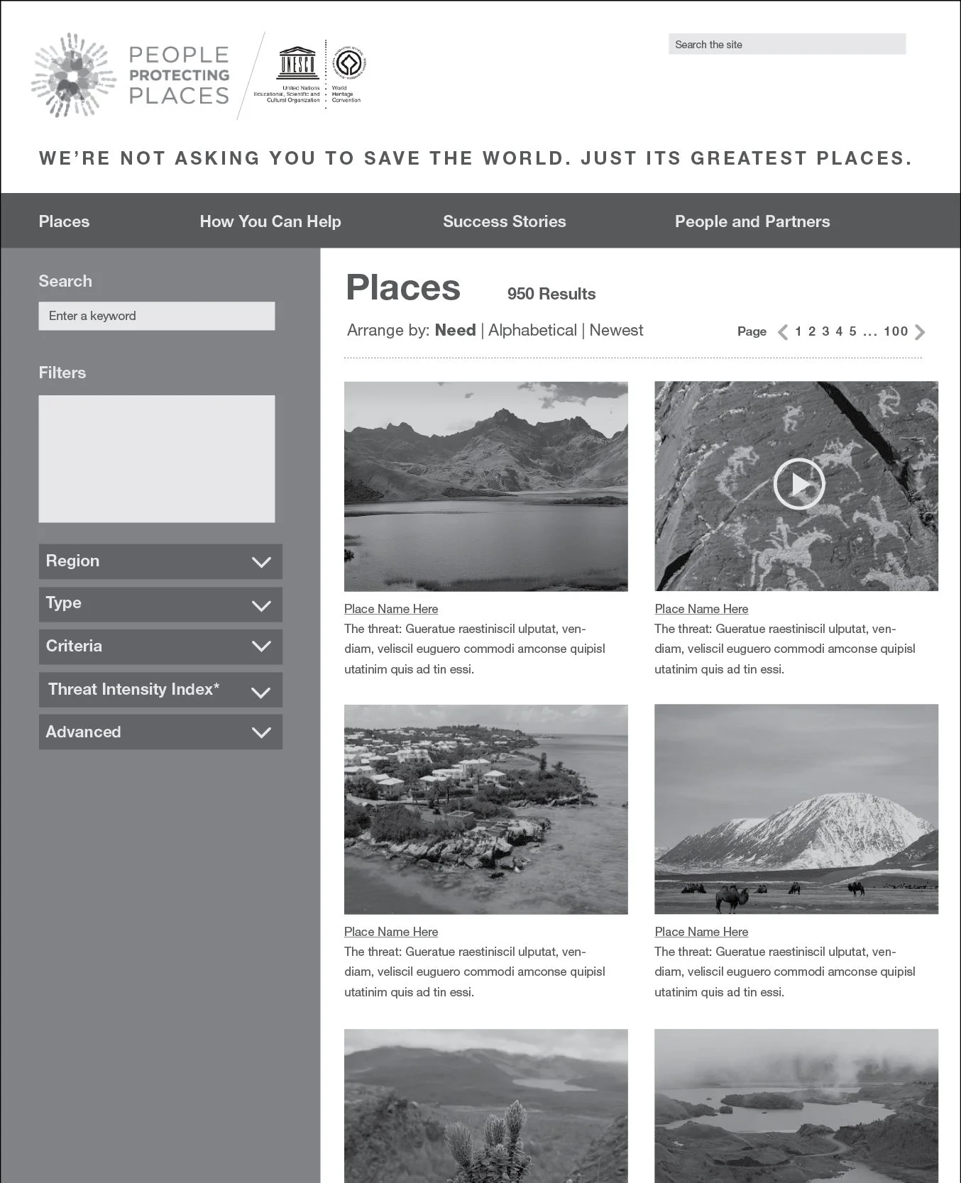 Website page titled "People Protecting Places" with images of natural landscapes such as mountains, lakes, rivers, and plains, along with sample placeholder text and search filters on the left.