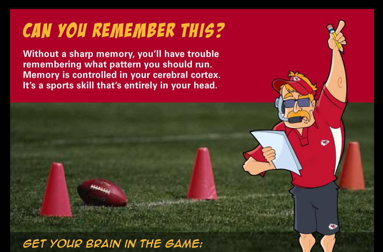 A cartoon coach with sunglasses and a headset raising his hand with a pencil, holding a clipboard, standing on a football field with orange cones and a football. The background features red and black sections with a motivational message and a call to action about sports and memory skills.