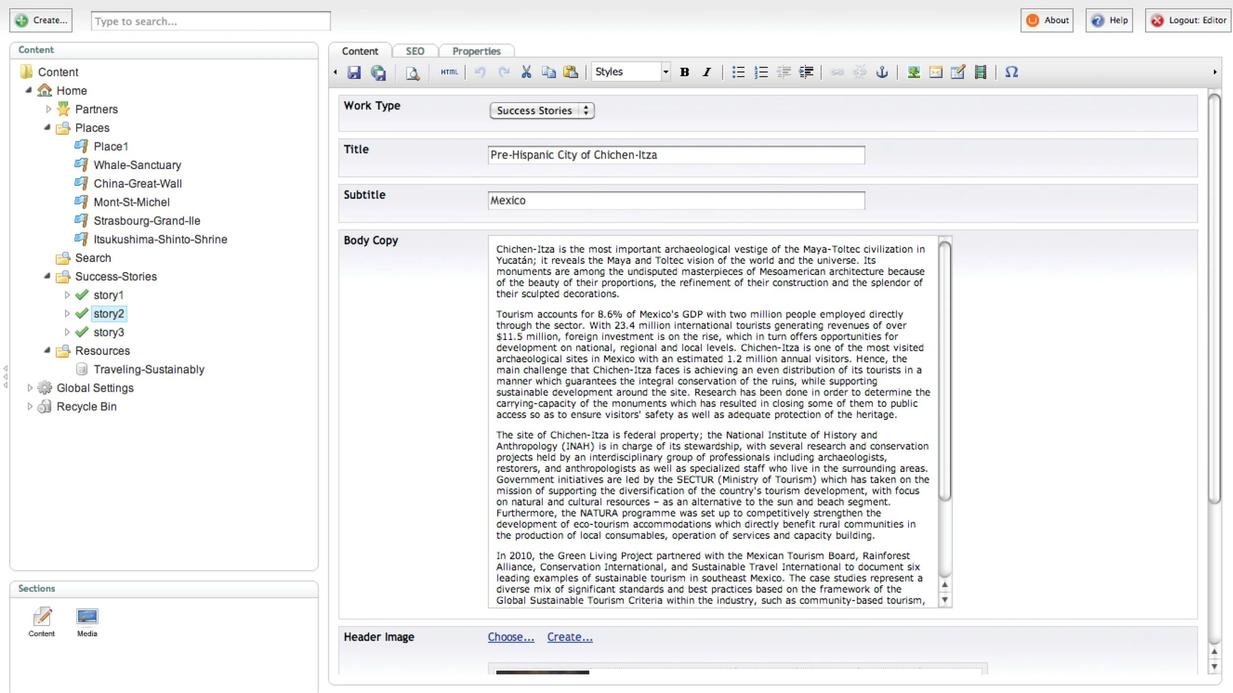 Screenshot of a web content management system displaying a text editor with a detailed article about Chichen-Itza, including its archaeological significance, tourism importance, and conservation efforts. The interface shows a sidebar with folders for organizing content and sections labeled 'Content', 'SEO', and 'Properties'.