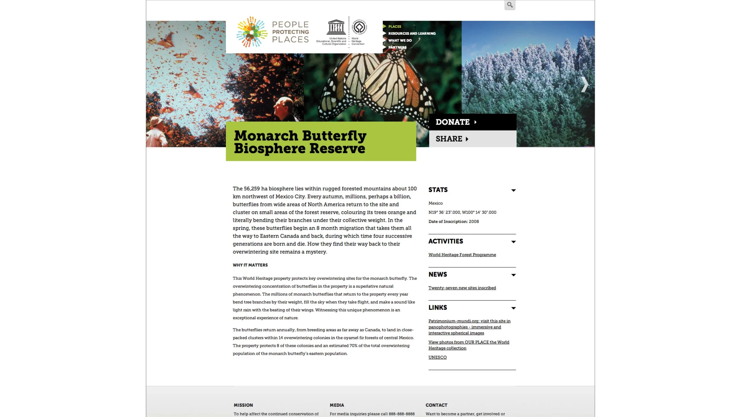 Website page for Monarch Butterfly Biosphere Reserve with images of butterflies, a monarch butterfly, and a forested landscape. Contains text about conservation and activities.