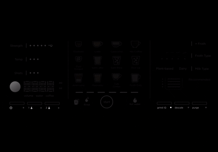 A black and white digital coffee machine with various buttons and options for brewing different types of coffee, adjusting strength, temperature, and shot settings.