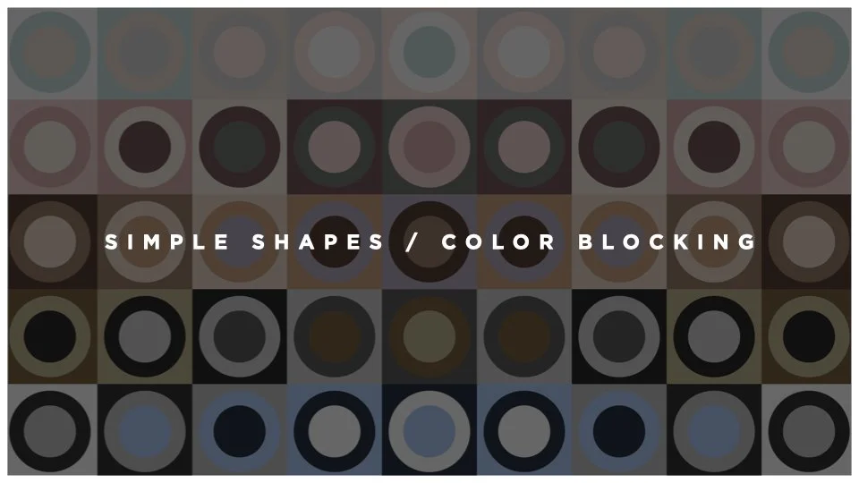 Colorful grid of circles with the text 'Simple Shapes / Color Blocking' in the center.