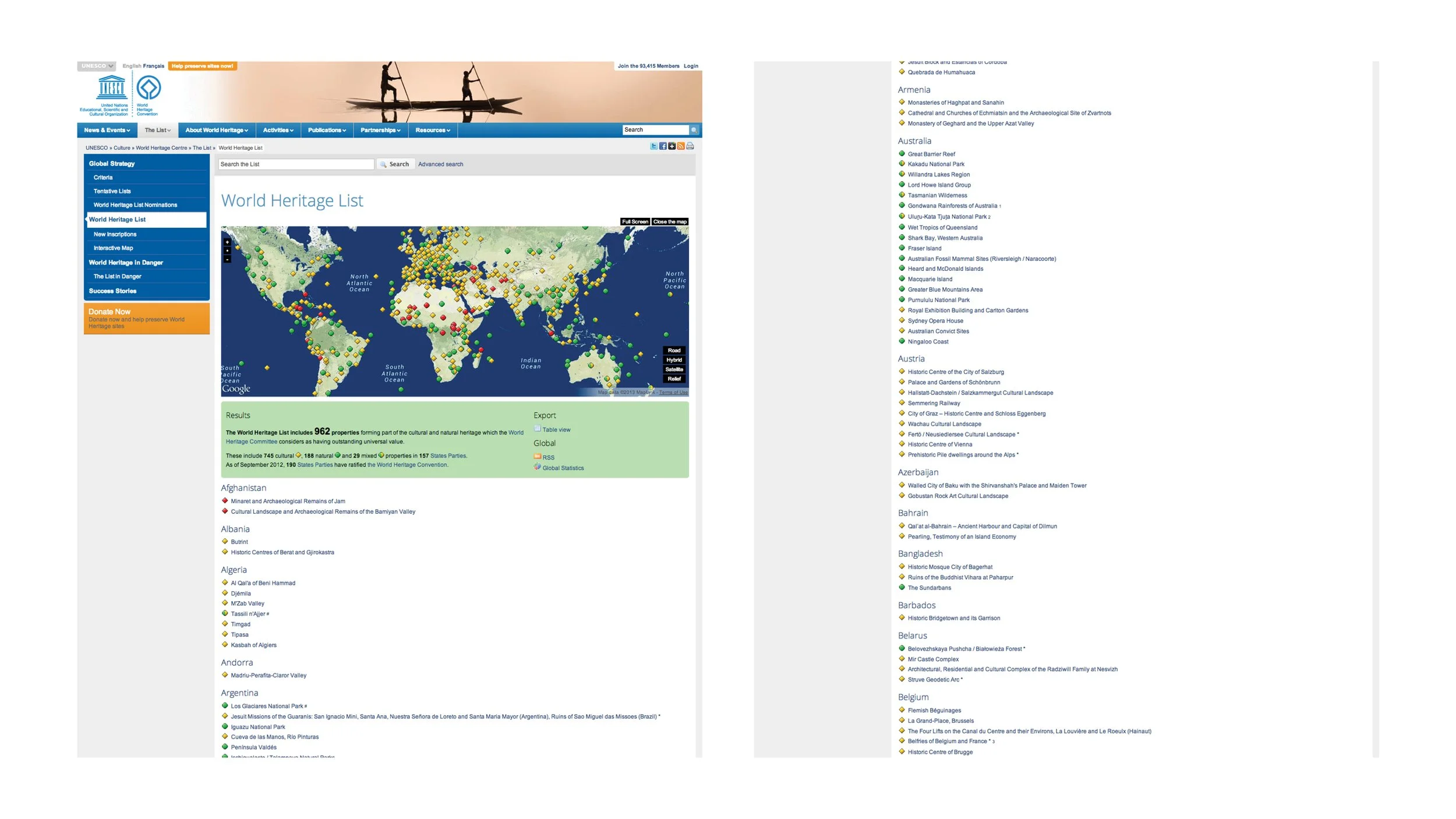 Screenshot of UNESCO World Heritage Centre webpage featuring a world map with markers indicating heritage sites and a list of countries with notable heritage locations.