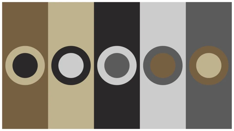 Abstract design of six vertical rectangles with circles inside, each rectangle in shades of brown, beige, black, gray, and dark gray.