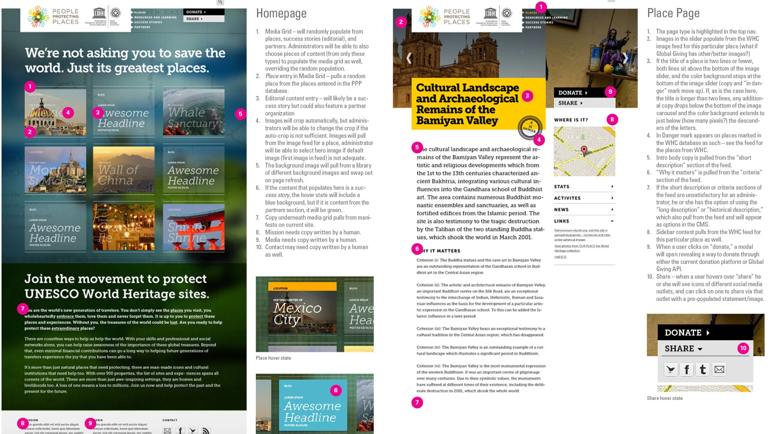 Screenshot of a webpage titled 'People Protecting Places' with sections about UNESCO World Heritage sites, featuring maps, images, and text about cultural landscapes and archaeological remains in the Bamiyan Valley, with links for donation and sharing on social media.