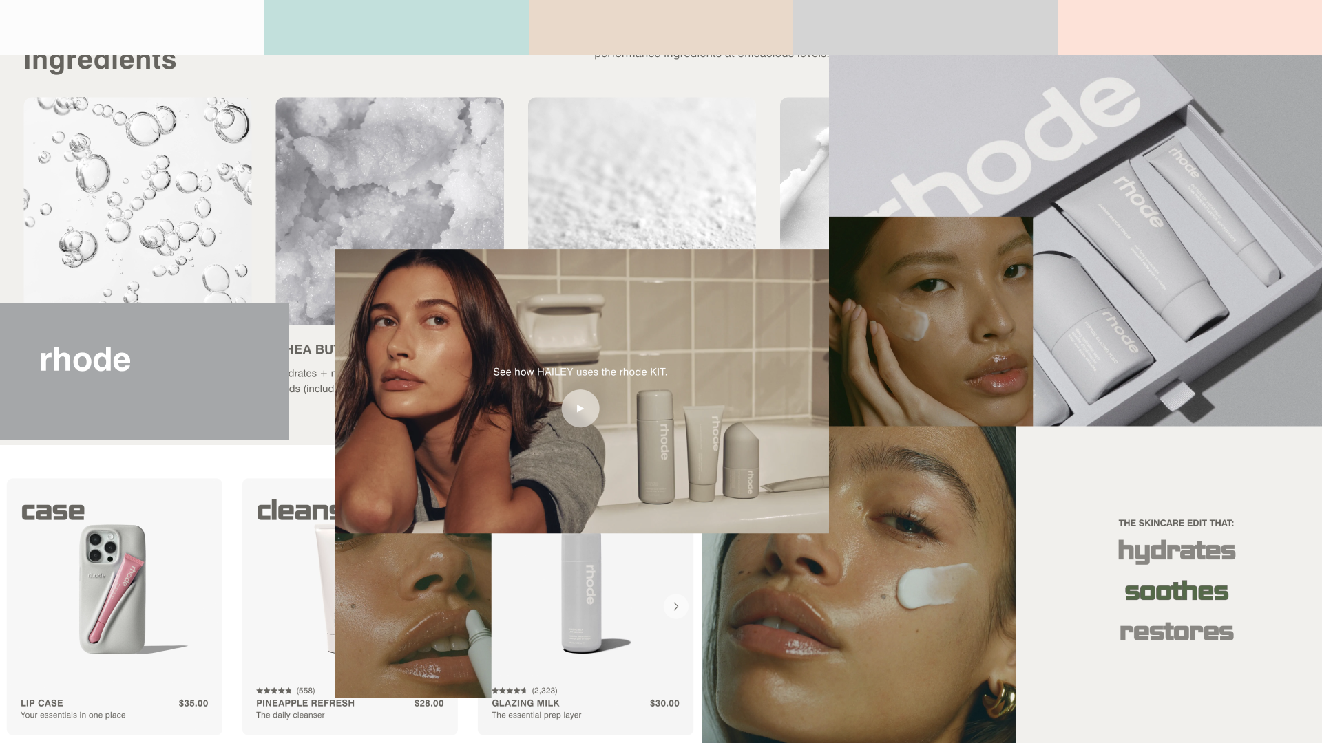 Collage of skincare and beauty products including creams, cleansers, and moisturizers from the brand Rhode, with images of women applying skincare, close-ups of skincare textures like powder and milk, and a smartphone with skincare product accessories.