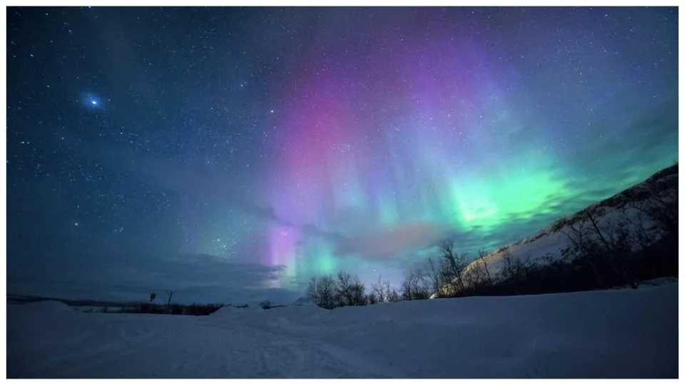 A night sky illuminated by vibrant northern lights over a snowy landscape with mountain silhouette and sparse trees.