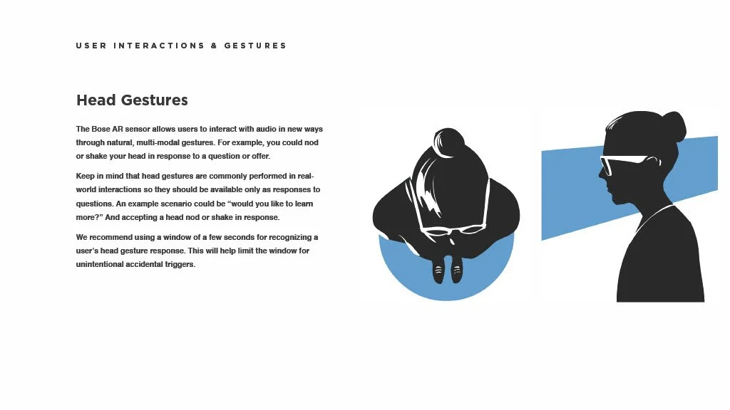 Illustration of two people demonstrating head gestures for audio interaction, one seated and looking down, the other standing and facing sideways with dark hair pulled back and wearing glasses.