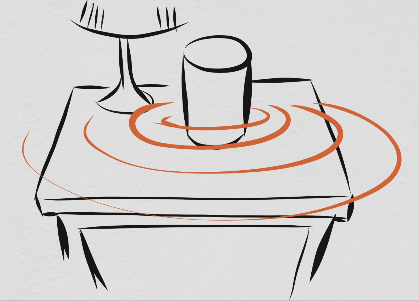 Stylized black line drawing of a wooden table with a candlestick, a glass, and a guitar pick, along with orange swirl lines.