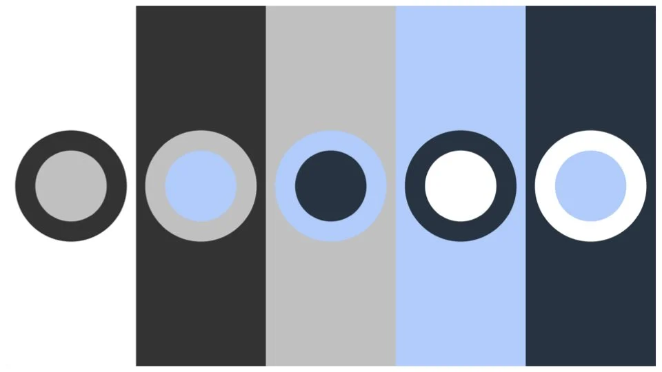 Graphic with overlapping circles and vertical stripes in shades of black, gray, and blue.