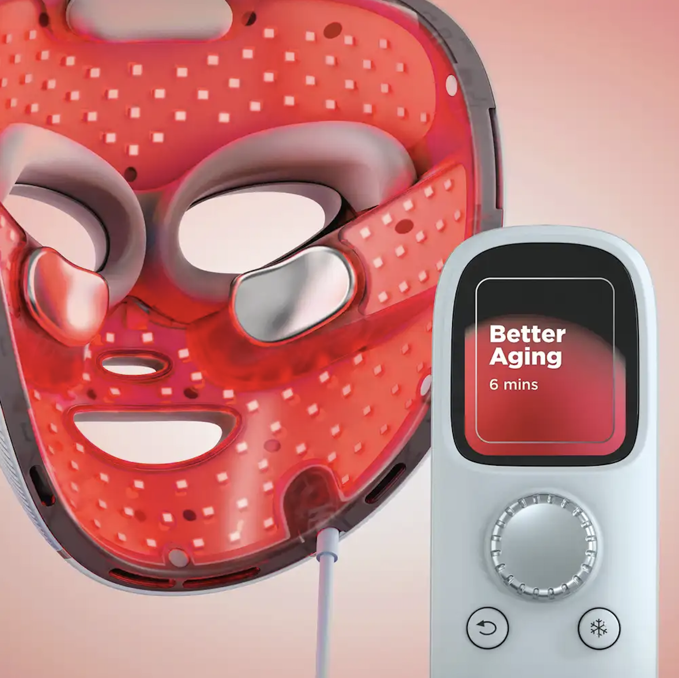 A close-up view of a modern kitchen appliance, likely an air fryer or multi-cooker, with a red interior and a digital touch control panel showing options for cooking modes. The device has a circular cooking chamber with a tray inside and several small white squares likely representing heating elements or design features. The control panel displays the word