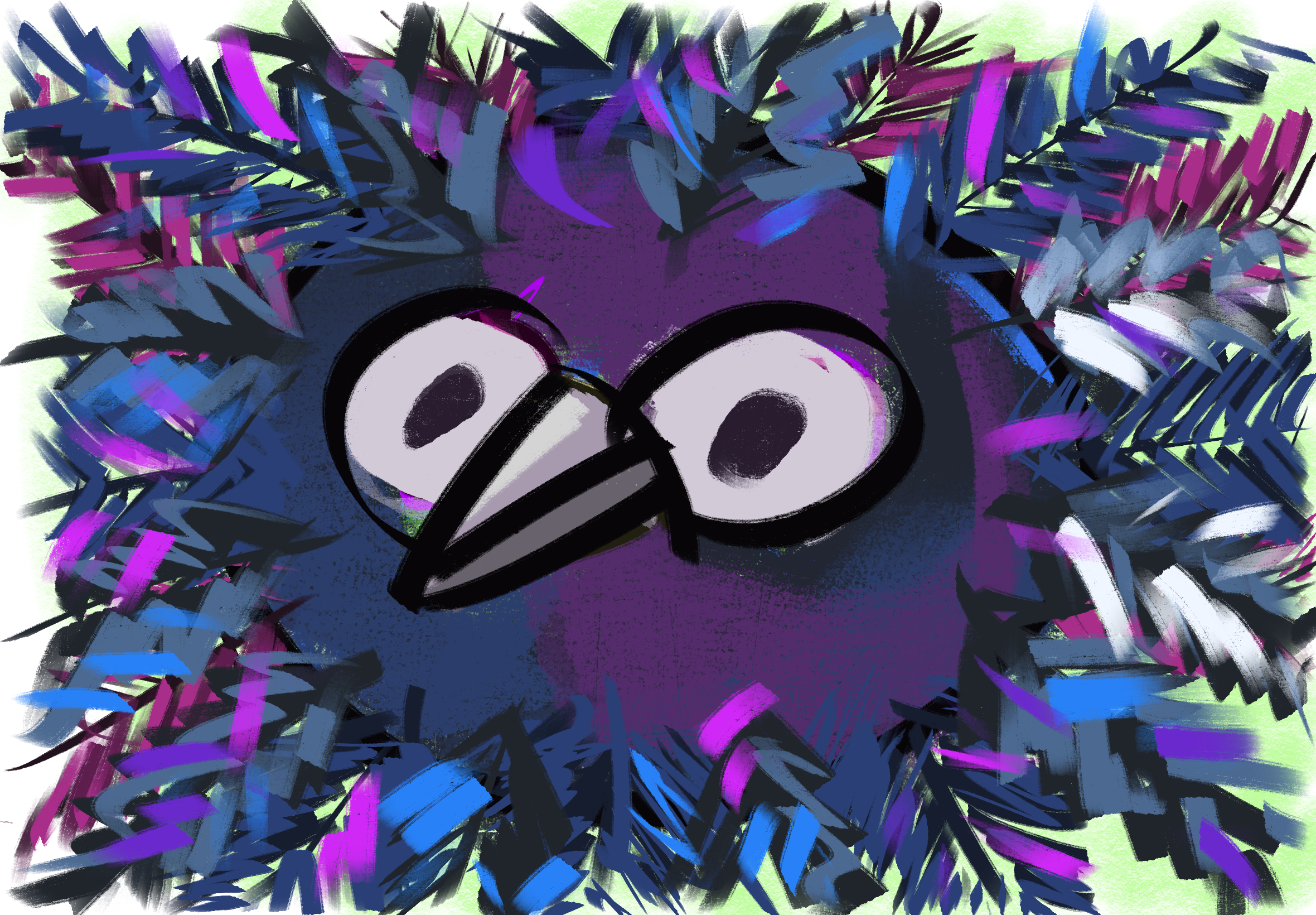 Abstract digital art featuring a purple animal face with large eyes surrounded by colorful brushstrokes and patterns.