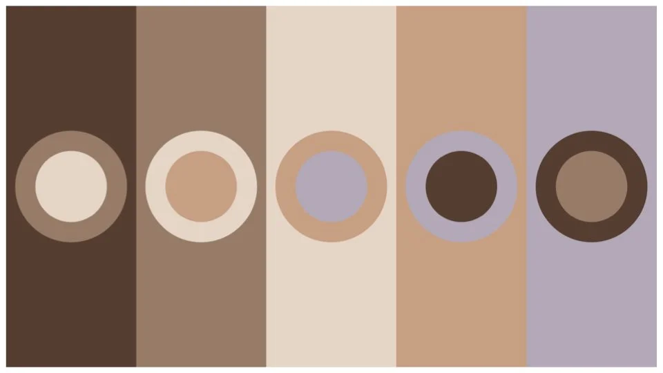 An abstract design with vertical stripes in various shades of browns and neutrals, each containing a circle with concentric rings.