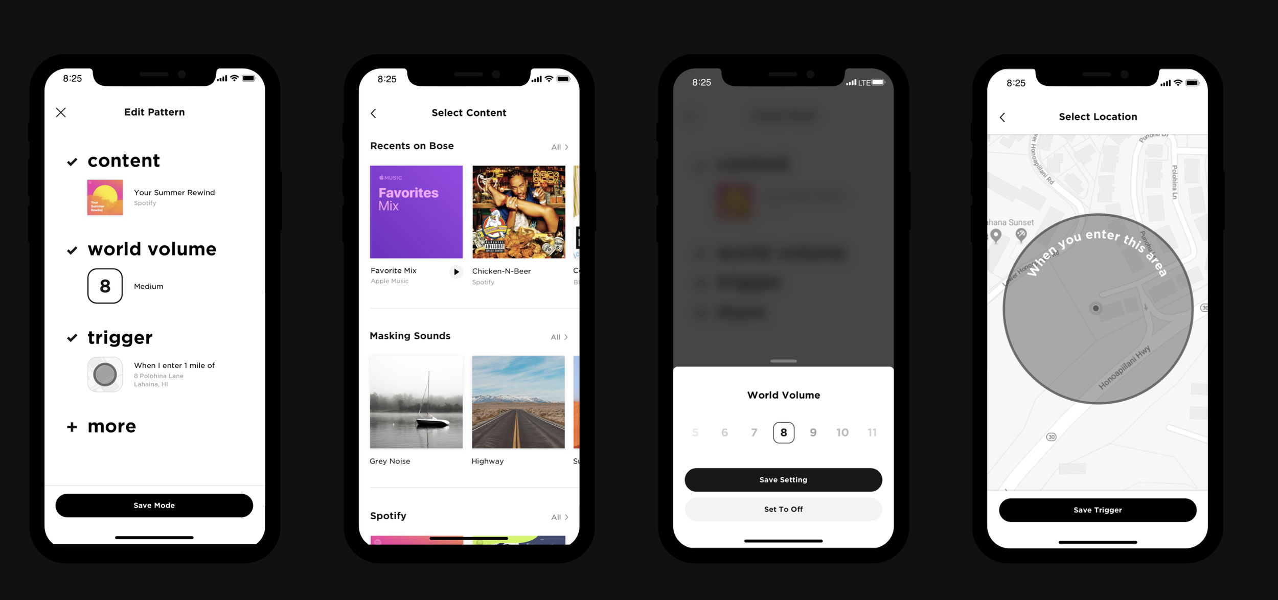 Screenshots of a mobile app interface with four screens showing customization of sound patterns, selecting content, setting a trigger based on location, and choosing a map location on a dark background.